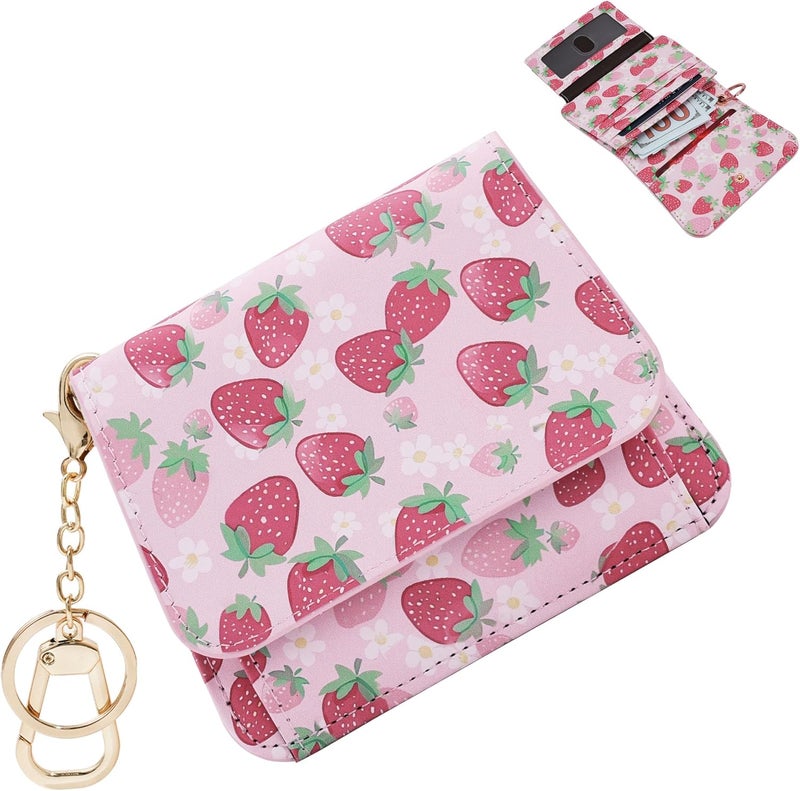 Sunpour Women Small Wallet RFID Blocking Slim Wallet with Coin Pocket Tri-Fold Credit Card Holder with ID Window and Keychain (Strawberry) - Image 1
